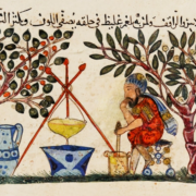 Arzt unter einem Olivenbaum sitzend bereitet ein Elixier zu. Aus einer arab. Übersetz. der 'Materia Medica'.